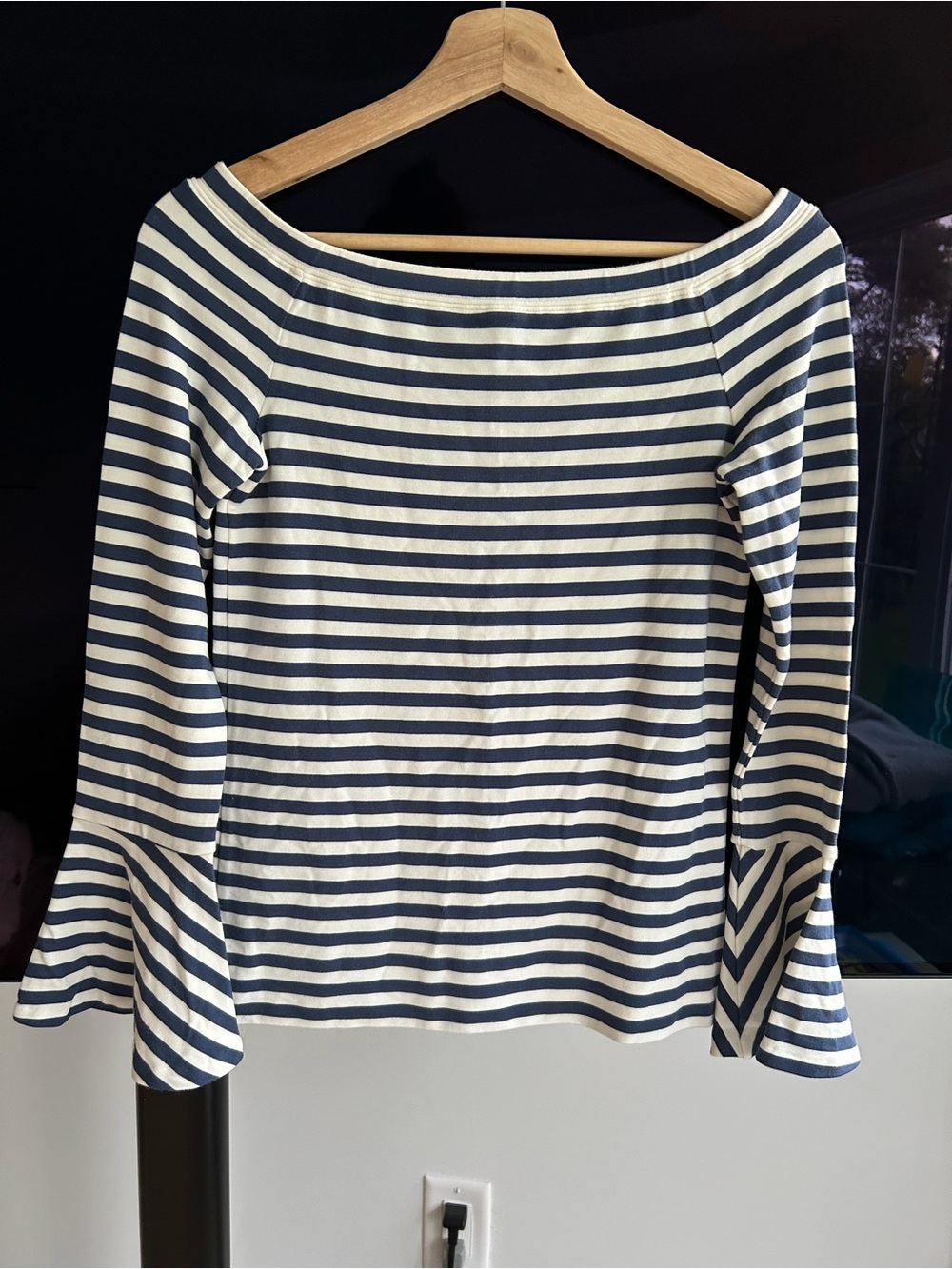 Club Monaco Navy and White Striped Bell-Sleeve Long Sleeve Top
